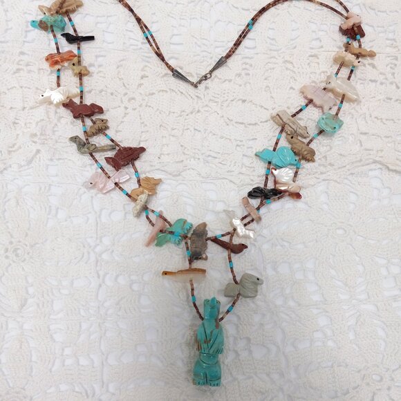 Vintage Two-Strand Turquoise MOP Navajo Indian Fetish Necklace - Picture 4 of 15